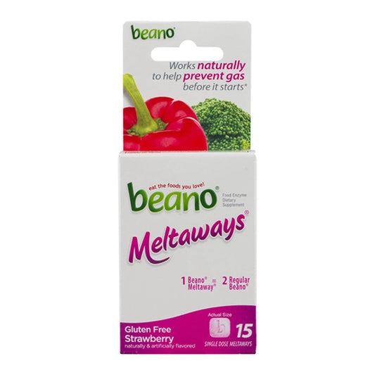 Beano Meltaways Food Enzyme Strawberry Dietary Supplement, Gluten Free - 15 Ea