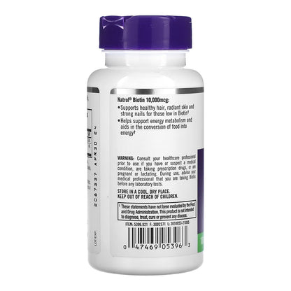 Natrol Biotin, Maximum Strength, 10,000 Mcg Tablets 100 Ea