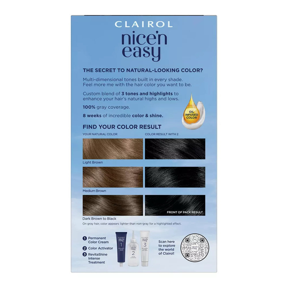 Clairol Nice'N Easy Permanent Hair Color Creme, 2 Black, 1 Application, Hair Dye