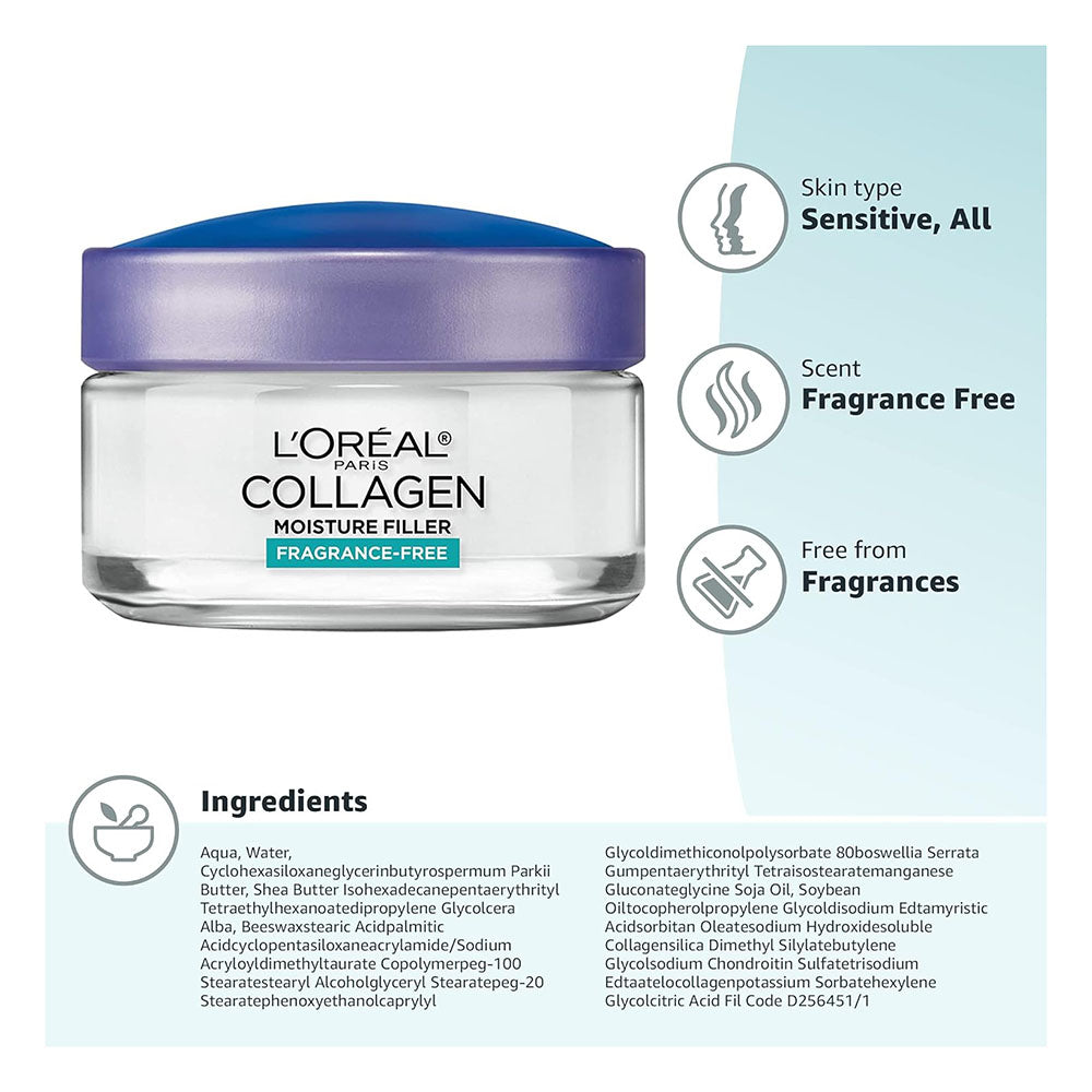 L'Oreal Paris Collagen Daily Face Moisturizer, Reduce Wrinkles, Face Cream, Fragrance Free 1.7 Oz