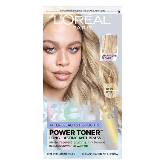 L'Oreal Paris Feria Long-Lasting Anti Brass Power Hair Toner, Champagne Blonde, 1 Ct