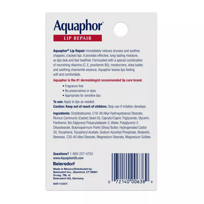 Aquaphor Lip Repair Ointment, Long-Lasting Moisture To Soothe Dry Chapped Lips, .35 Fl. Oz. Tube