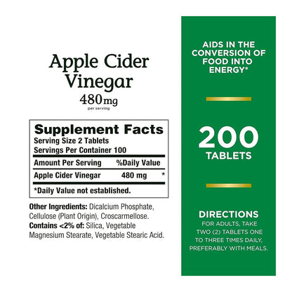 Natures Bounty Apple Cider Vinegar Supplement 480 Mg - 200 Tablets