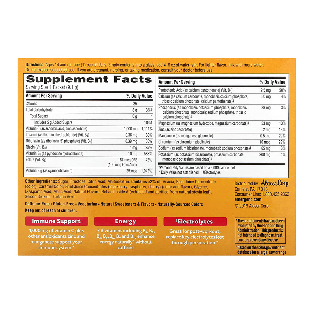 Emergen C Vitamin C Fizzy Drink Mix 1000 Mg, Raspberry Supplement - 30 Packets
