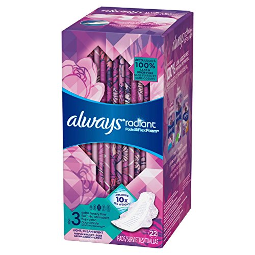 Always Radiant Feminine Pads For Women, Size 3, Extra Heavy Flow, With Wings, Scented, 22 Ct
