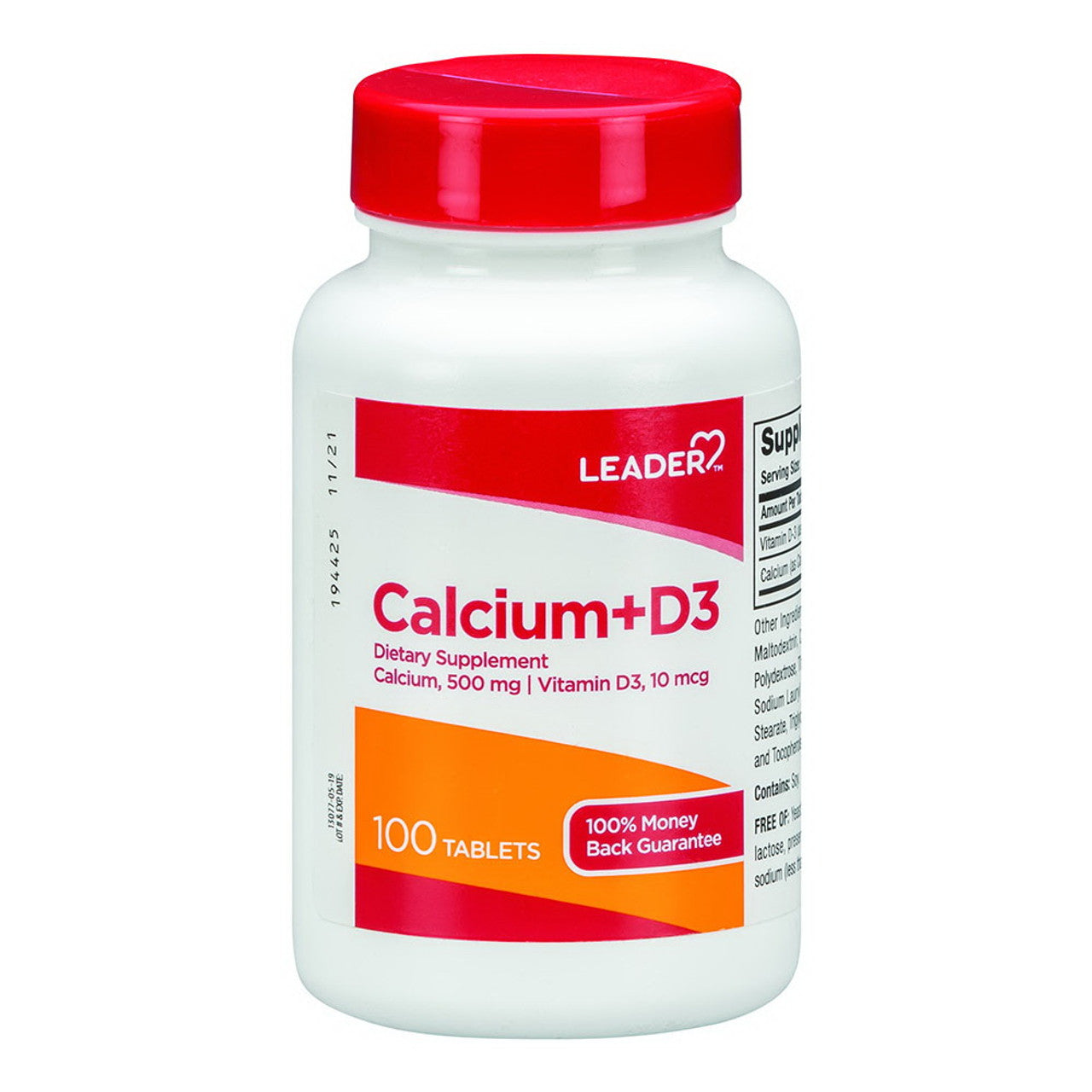 Leader Calcium 500 mg + D3 10 mcg Supplement - 100 Tablets