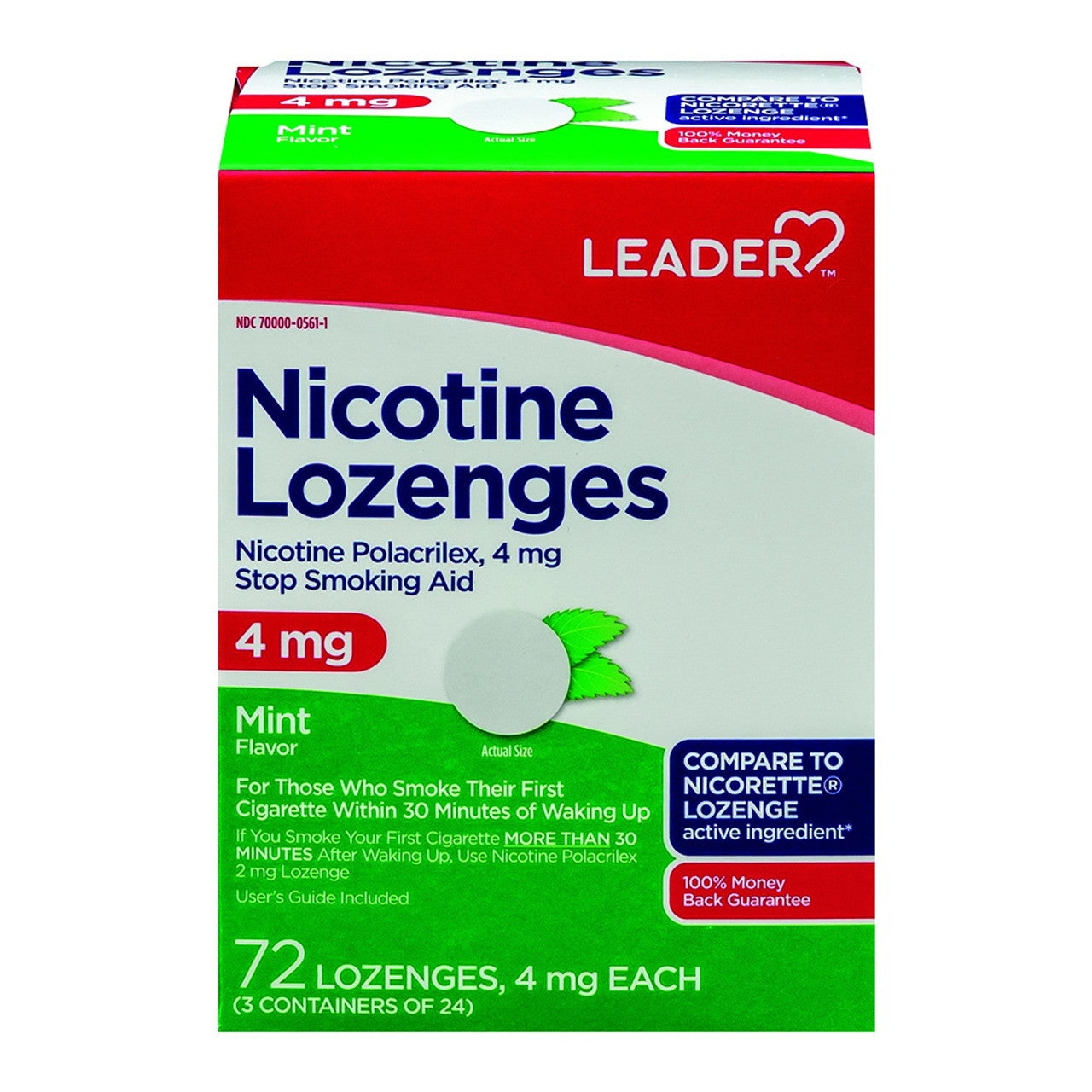 Leader Stop Smoking Aid Nicotine Lozenges 4Mg, Mint Flavor - 72 Ea