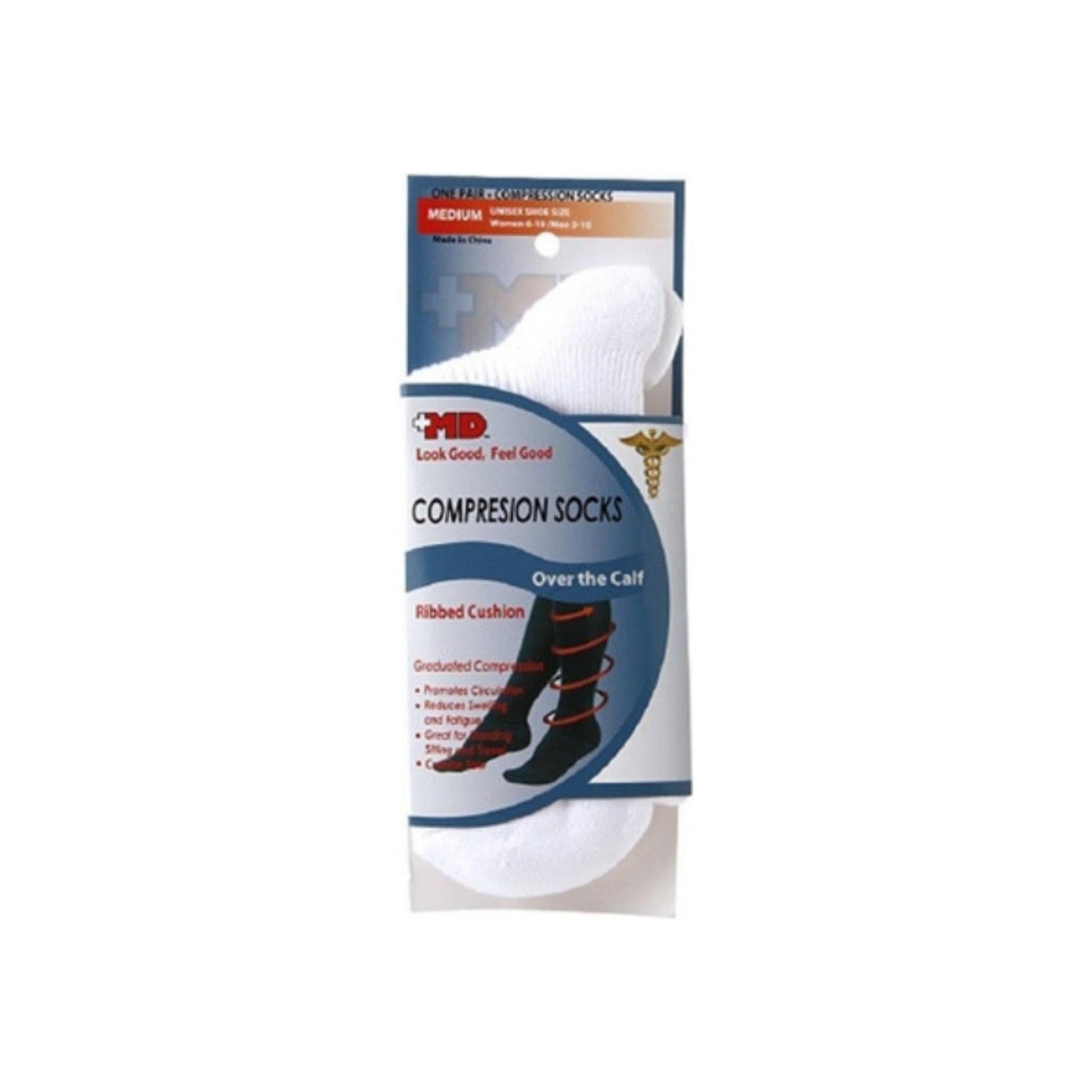 Md Usa Ribbed Cotton Compression Socks With Cushion Soles, White, Medium, 1 Pair