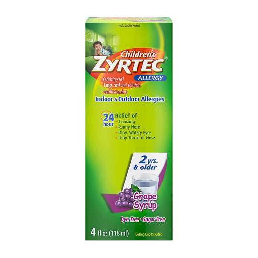 Zyrtec Children'S Allergy Syrup, Dye-Free, Sugar-Free Grape, 4 Ounce