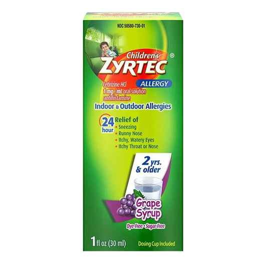 Zyrtec Children's Allergy Syrup, Dye-Free, Sugar-Free Grape 1 Oz