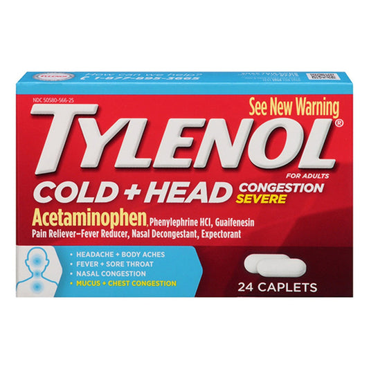 Tylenol Cold Head Congestion Caplets For Adults, Severe, 24 Ea