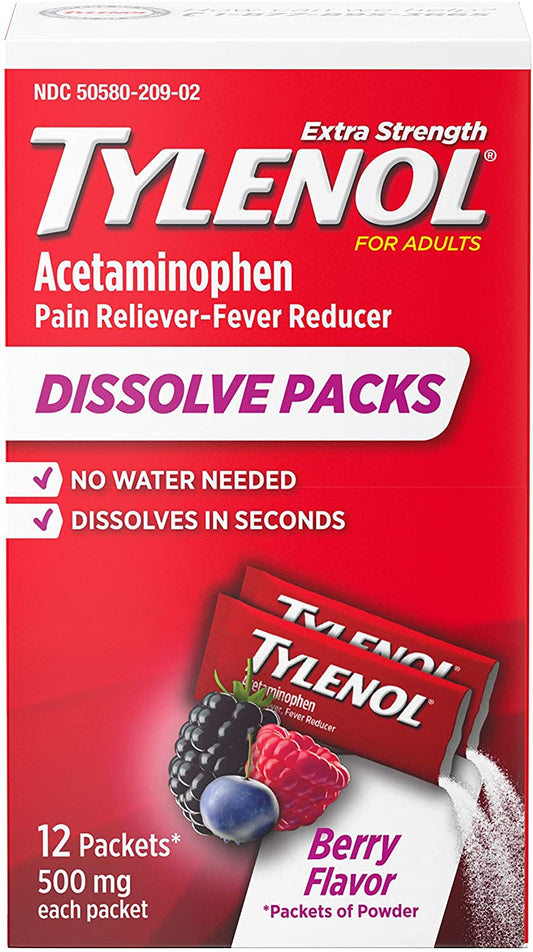 Tylenol Extra Strength Dissolve Packs With Acetaminophen For Pain & Fever, Berry, 12 Count