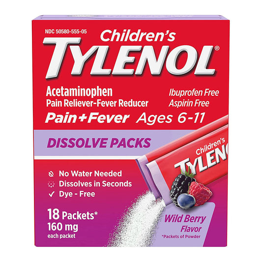 Tylenol Children'S Dissolve Powder Packets With 160 Mg Acetaminophen, Wild Berry 18 Ct