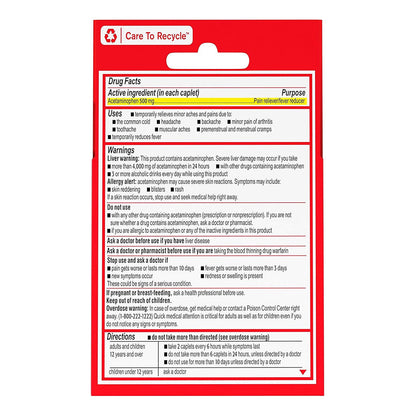 Tylenol Pain Reliever Fever Reducer Caplets Extra Strength, 500 Mg 6 Caplets