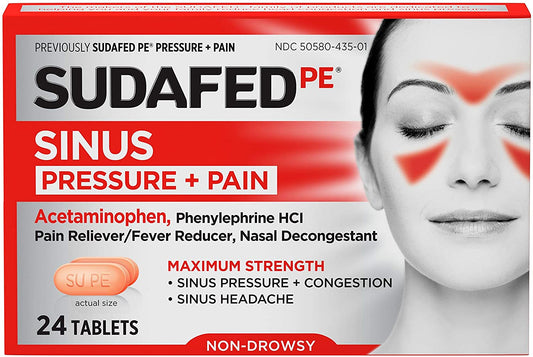 Sudafed Pe Sinus Pressure + Pain Relief Maximum Strength Non-Drowsy Decongestant, 24 Count