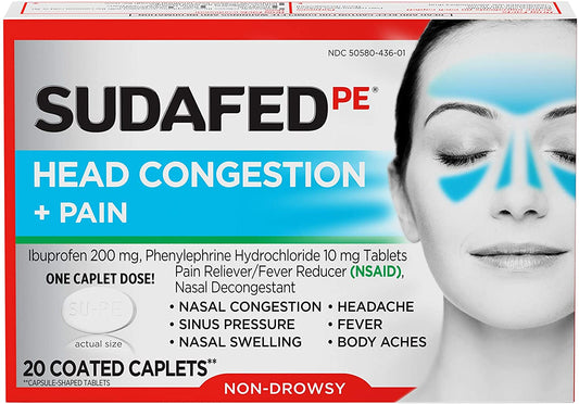 Sudafed Pe Head Congestion + Pain Relief Caplets Ibuprofen Phenylephrine Hcl, 20 Count