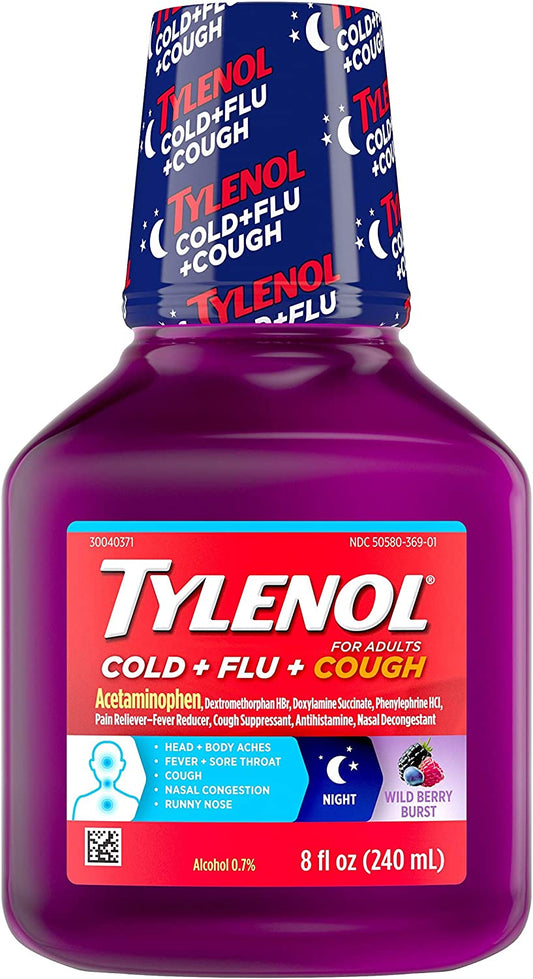 Tylenol Cold + Flu + Cough Night Liquid Medicine With Acetaminophen, Wild Berry, Grabe, 8 Fl Oz