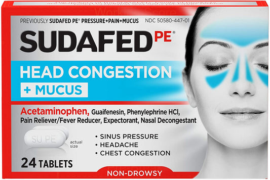 Sudafed Pe Head Congestion + Mucus Tablets For Sinus Pressure, Pain & Congestion, 24 Count