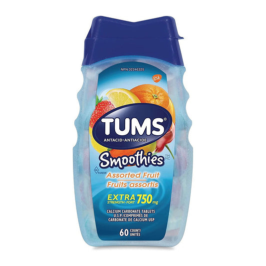 Tums Smoothies Assorted Fruit, Extra Strength 750, 60 Chewable Tablets