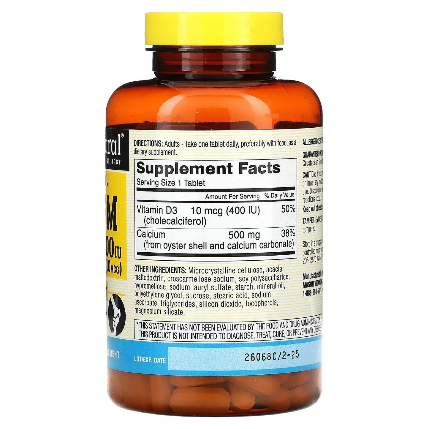 Mason Natural Calcium 500 Mg With Vitamin D3, Bone & Muscle Support - 250 Tablets