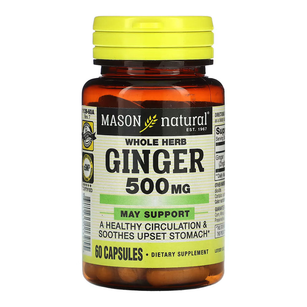 Mason Natural Whole Herb Ginger 500 Mg, Natural Herbal Supplement - 60 Capsules