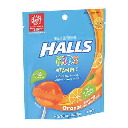 Halls Kids Orange Cough And Sore Throat Pops, 10 Pops