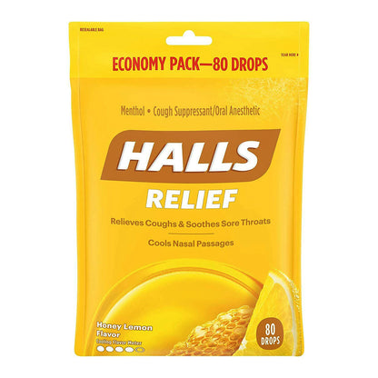 Halls Relief Honey Lemon Cough Drops, Economy Pack, 80 Drops