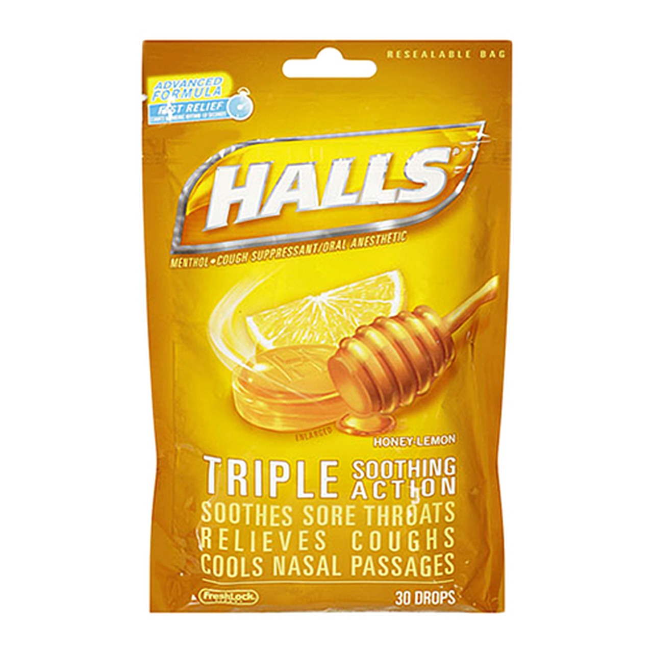 Halls Triple Soothing Action Cough Drops, Honey Lemon 30 Each