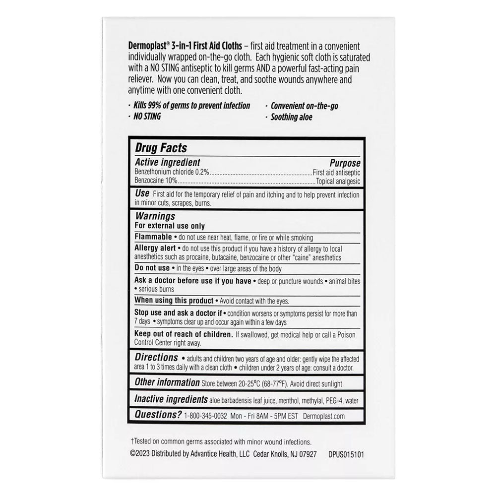 Dermoplast 3-In-1 Medicated First Aid Cloths, Analgesic & Antiseptic Wipes