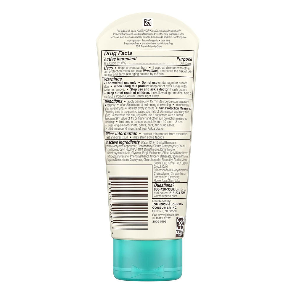 Aveeno Kids Continuous Protection Zinc Oxide Mineral Sunscreen Lotion , 3 Fl Oz