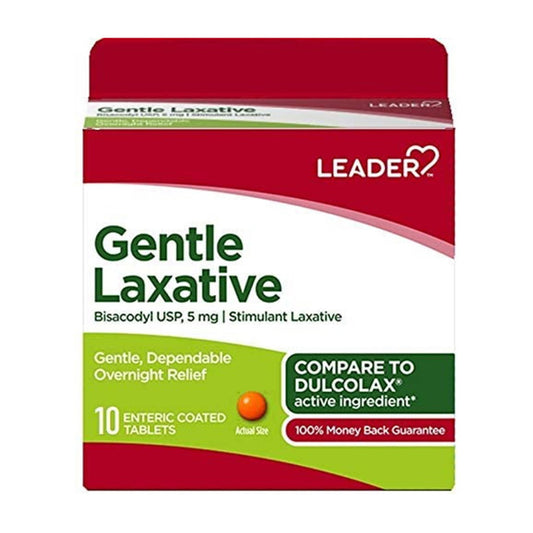 Leader Gentle Laxative Bisacodyl USP 5mg Enteric Coated Tablets - 10 Ea