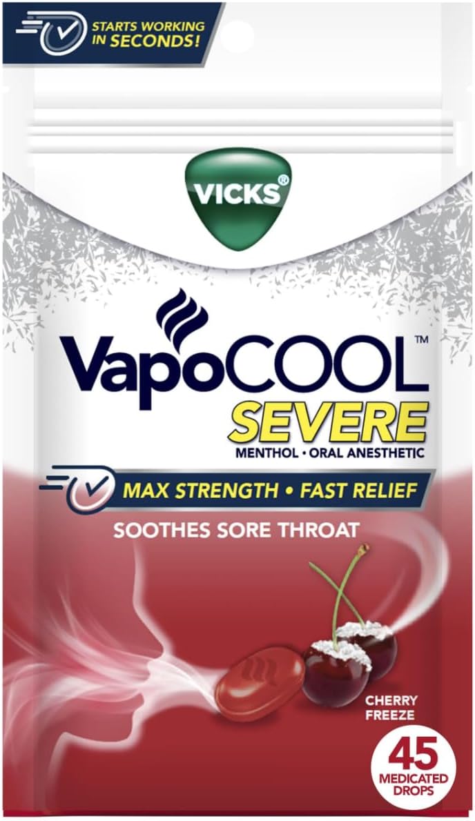 Vicks VapoCool Severe Medicated Sore Throat Drops, Max Strength Menthol, Soothes Sore Throat Pain, Cherry Flavor, 45ct