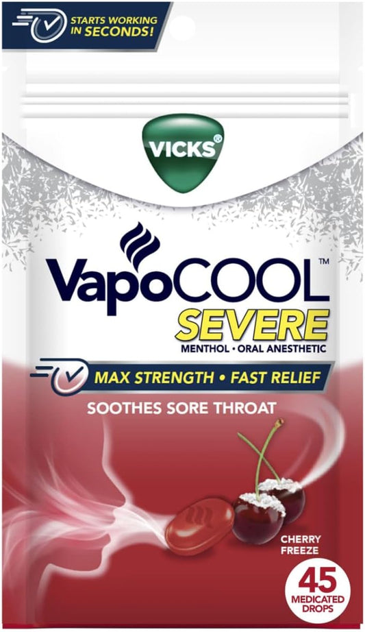 Vicks VapoCool Severe Medicated Sore Throat Drops, Max Strength Menthol, Soothes Sore Throat Pain, Cherry Flavor, 45ct
