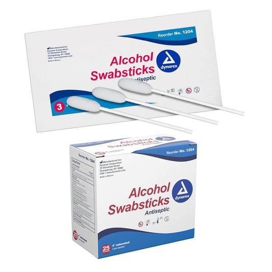 Dynarex Alcohol Swabsticks, Medical-Grade and Sanitizing, 3 Swabsticks per Packet, Box of 25 Packets