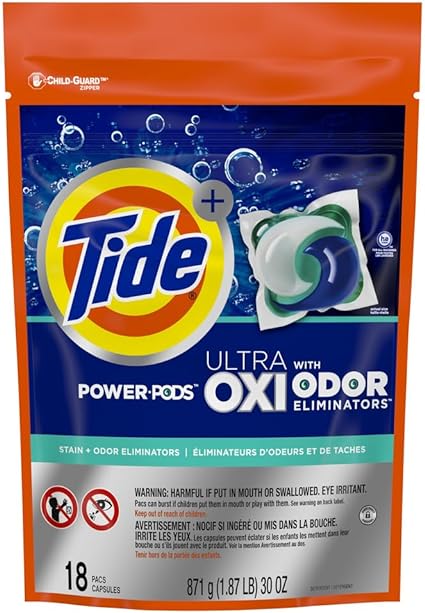 Tide Ultra Oxi Power Pods With Odor Eliminators Laundry Detergent Pacs, 18 Count