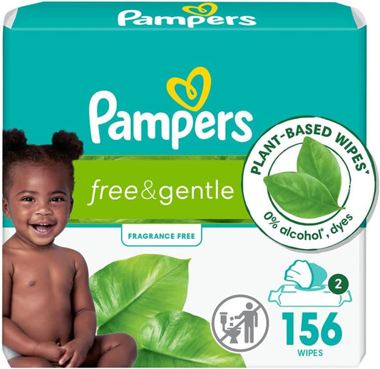 Pampers Free & Gentle Baby Wipes, 99% Water, Hypoallergenic, Unscented, 156 wipes