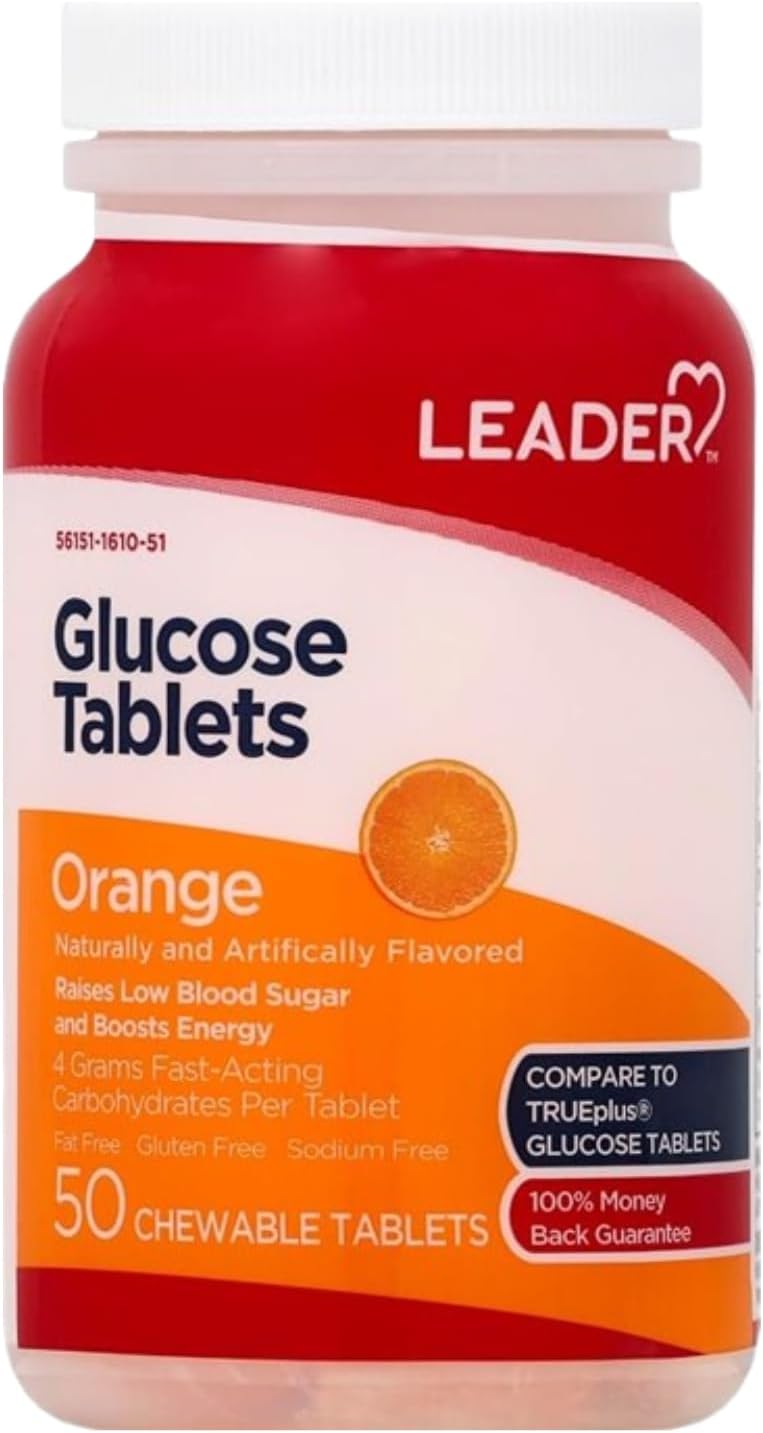 Leader Glucose Chewable Low Blood Sugar Orange Flavor - 50 Tablets