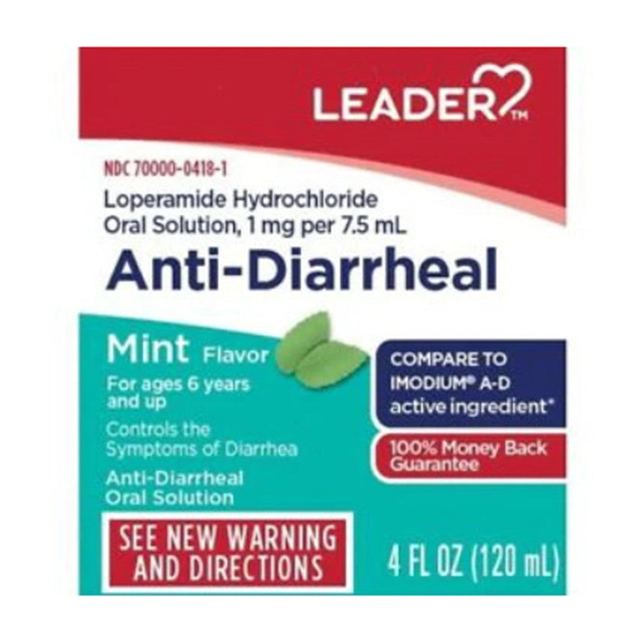 Leader Anti Diarrheal Loperamide Hydrochloride Oral Solution Mint Flavor - 4 Oz
