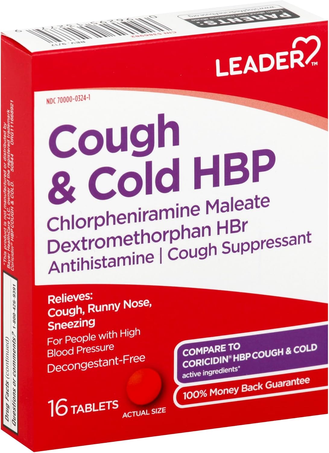 Leader Cough and Cold HBP Medicine Decongestant-Free - 16 Ct