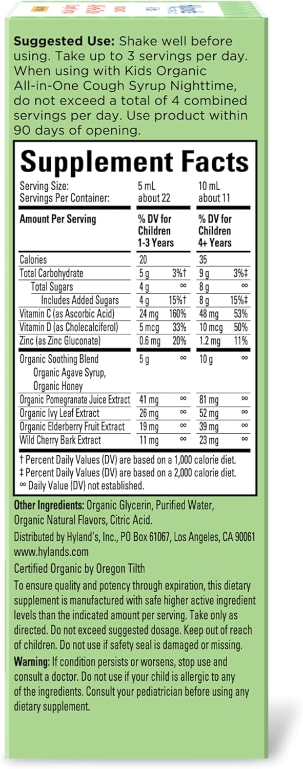 Hyland's Kids Organic All-in-One Cough Syrup Daytime - Eases Cough & Mucus Symptoms, Organic Grape, 4 Fl. Oz.