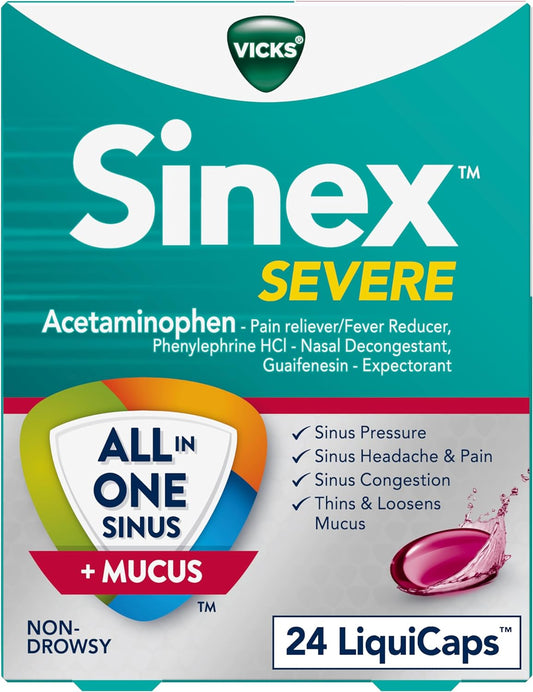 Vicks Sinex SEVERE, All-In-One Sinus + Mucus Relief, Non-Drowsy 24 ct