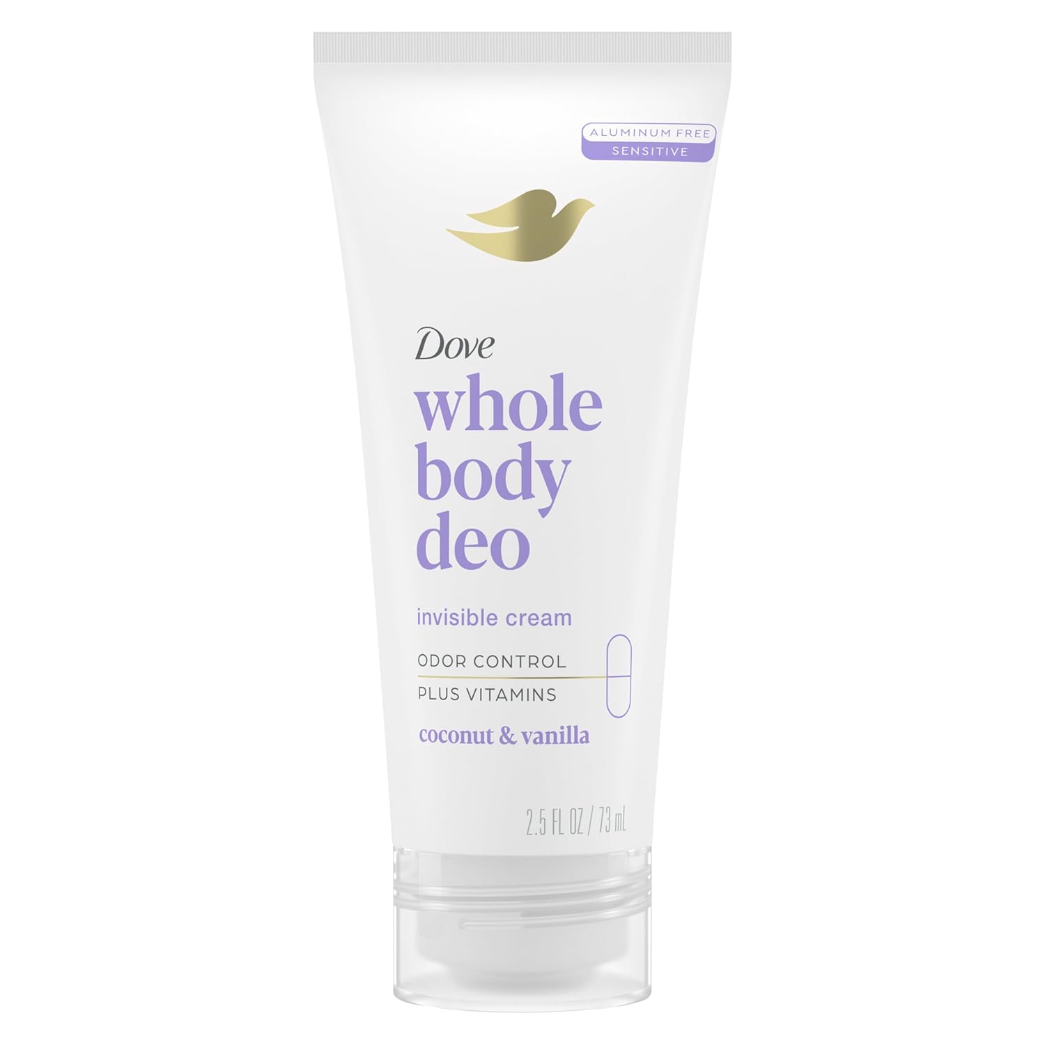 Dove Whole Body Deo Aluminum Free Invisible Cream Deodorant Coconut & Vanilla Odor Control, 2.5 oz