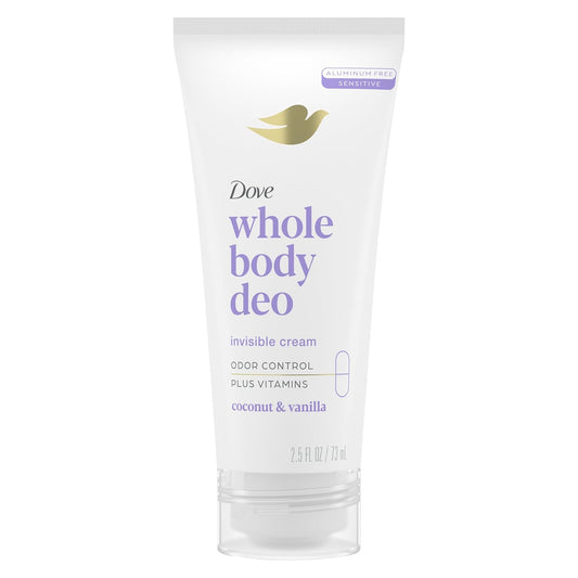 Dove Whole Body Deo Aluminum Free Invisible Cream Deodorant Coconut & Vanilla Odor Control, 2.5 oz