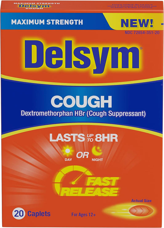 Maximum Strength Delsym Cough Suppressant, Fast Release Caplets, Lasts up to 8 Hour Day or Night, 20 Count