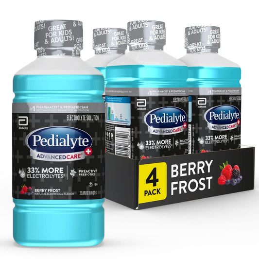 Pedialyte Advancedcare Plus Electrolyte Drink, 1 Liter, 4 Count, with 33% More electrolytes & Has Preactiv Prebiotics, Berry Frost, 33.8 Fl Oz