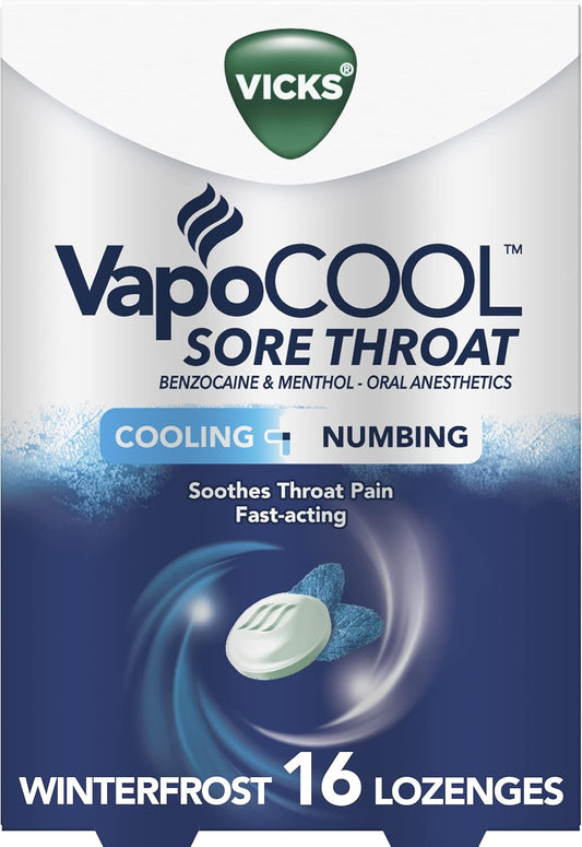 Vicks VapoCool Sore Throat Lozenge Relieves Painful Sore Throat and Mouth, Winter frost, 16 Count