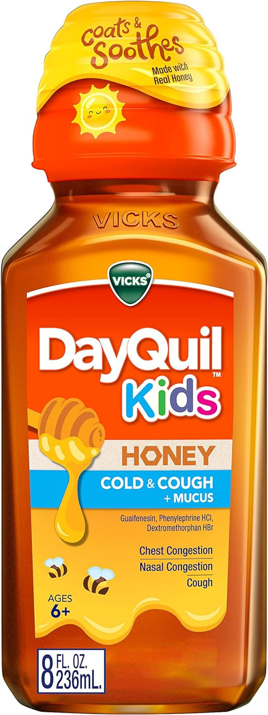Vicks DayQuil Kids Cold and Cough + Mucus Relief Made with Real Honey for Kids 6+ Tastes Great 8oz