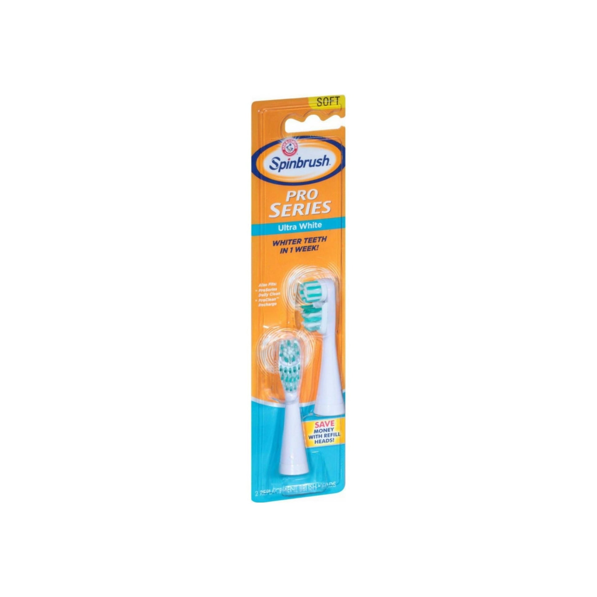 Arm & Hammer Spinbrush Pro Series Ultra White Replacement Brush Heads Soft, 2 Ea