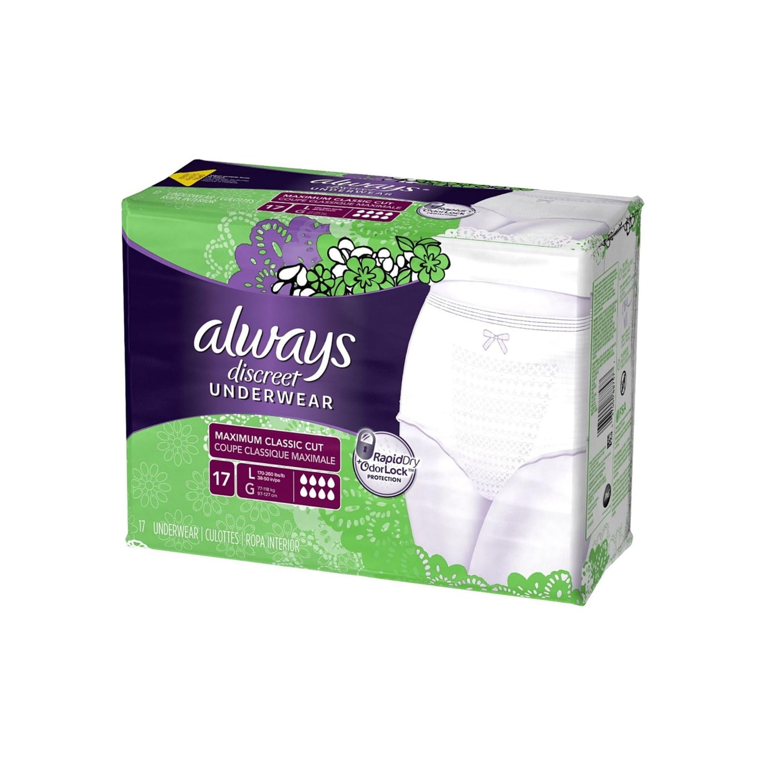 Always Discreet Maximum Absorbency Incontinence Underwear, Large 17 Ea