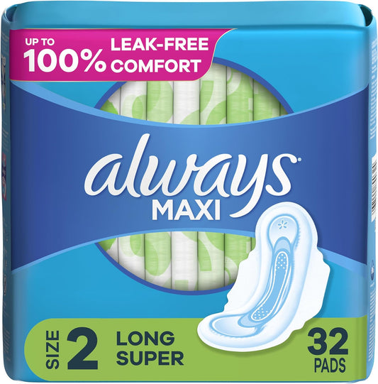 Always Maxi Feminine Pads For Women, Size 2 Long 32 Count